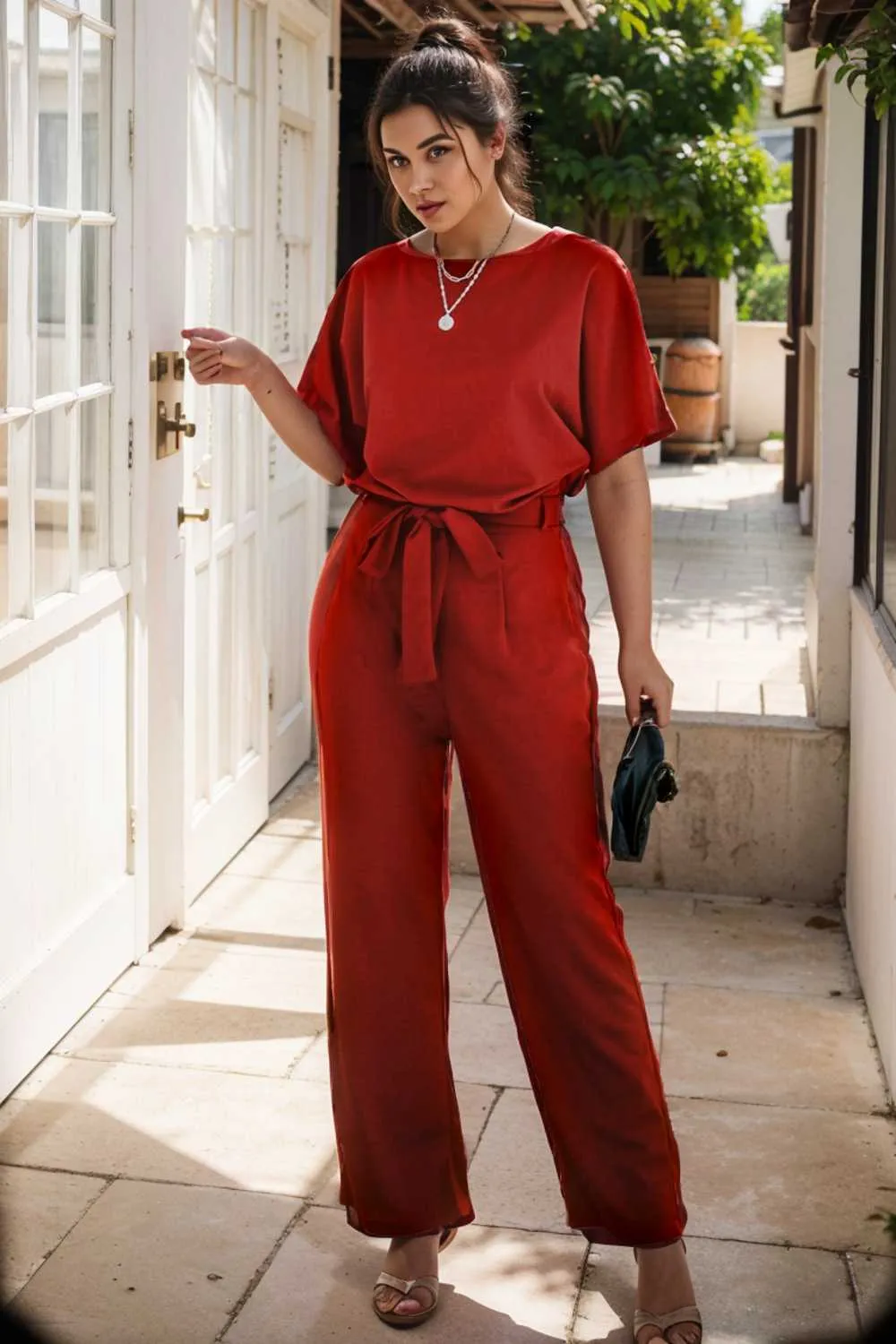 burning red belted wide leg jumpsuit