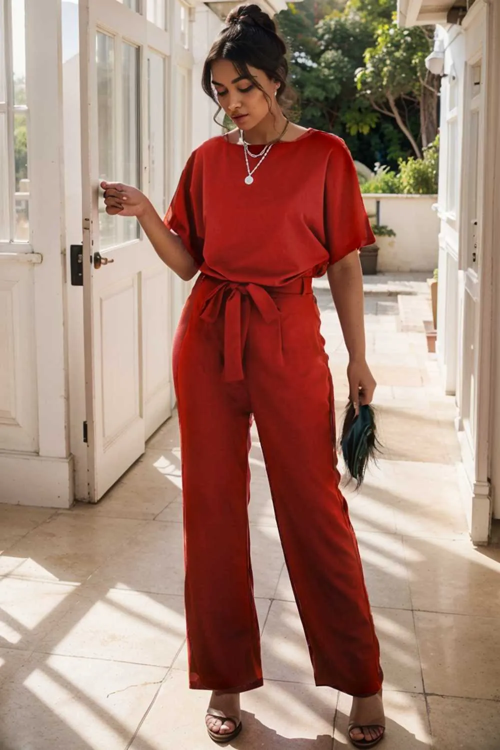 burning red belted wide leg jumpsuit