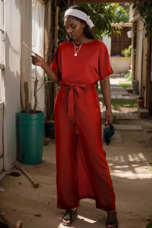 burning red belted wide leg jumpsuit