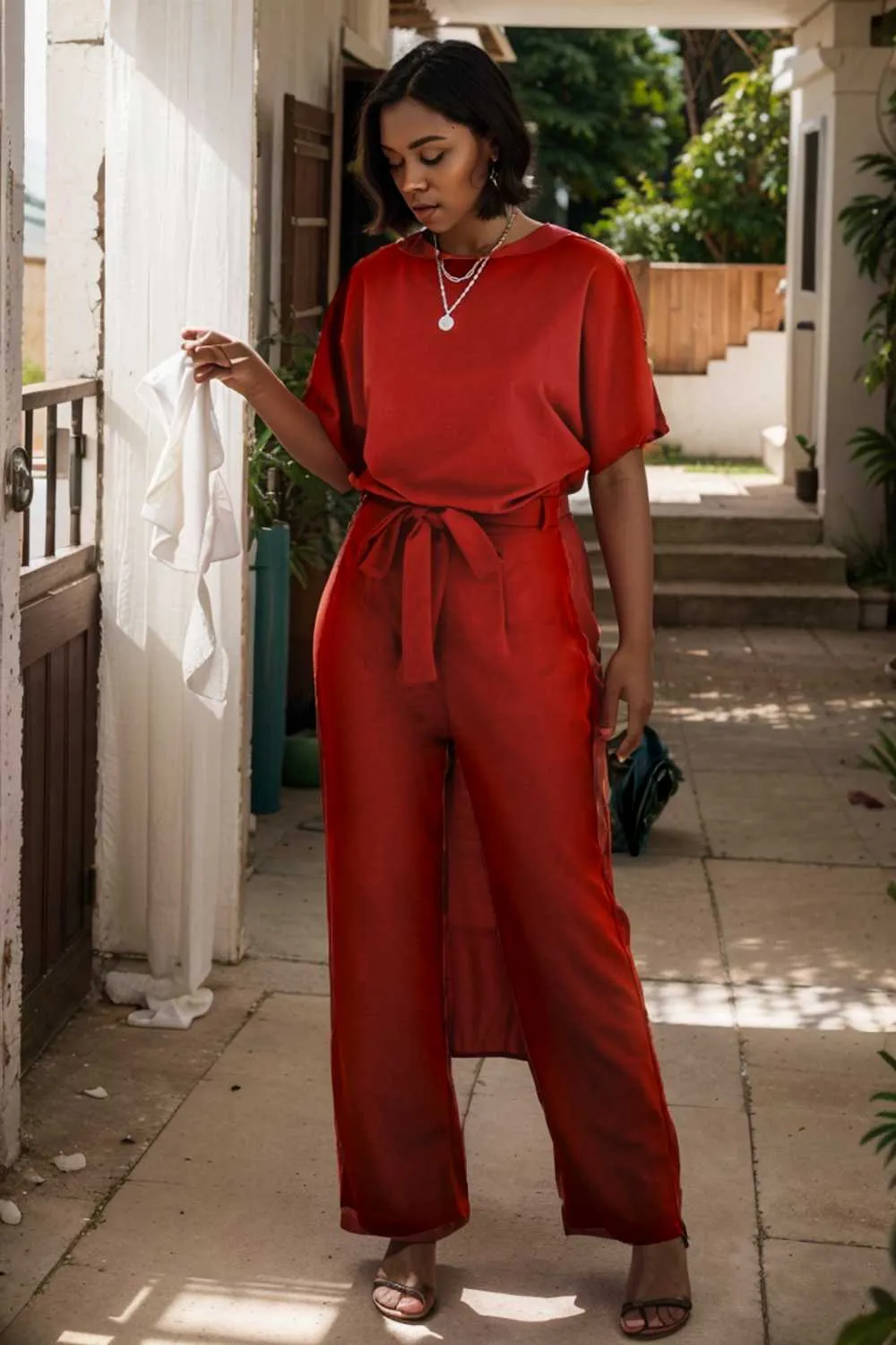 burning red belted wide leg jumpsuit