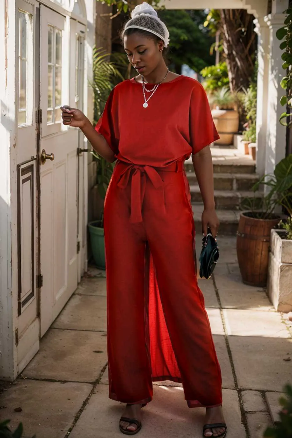 burning red belted wide leg jumpsuit
