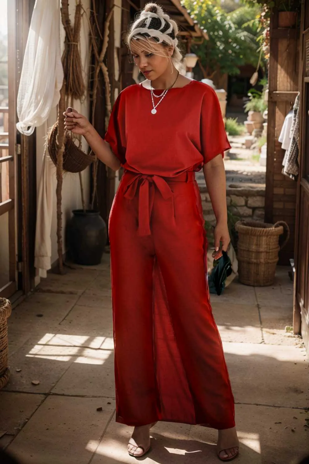 burning red belted wide leg jumpsuit