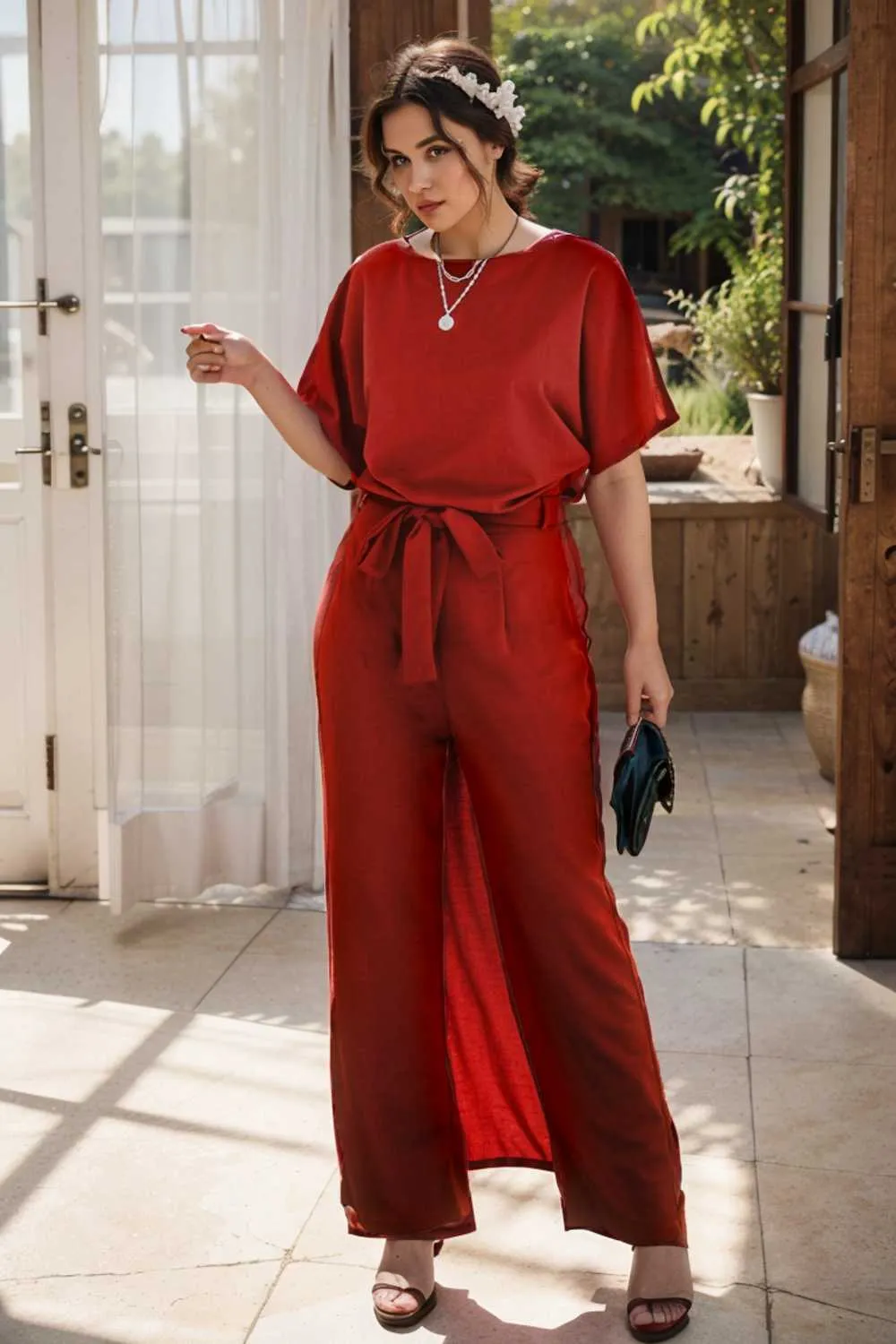 burning red belted wide leg jumpsuit