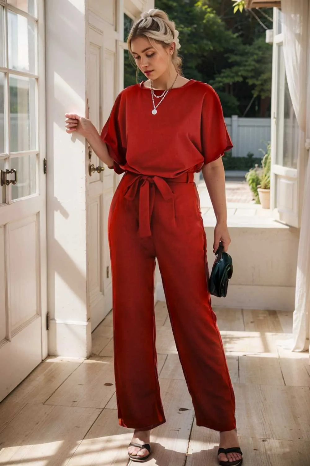 burning red belted wide leg jumpsuit