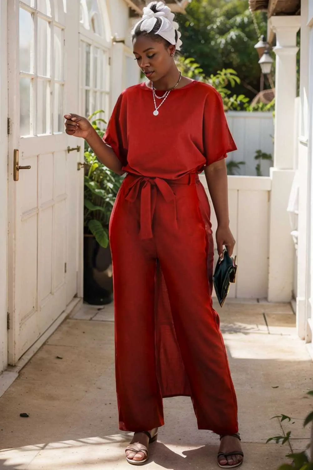 burning red belted wide leg jumpsuit