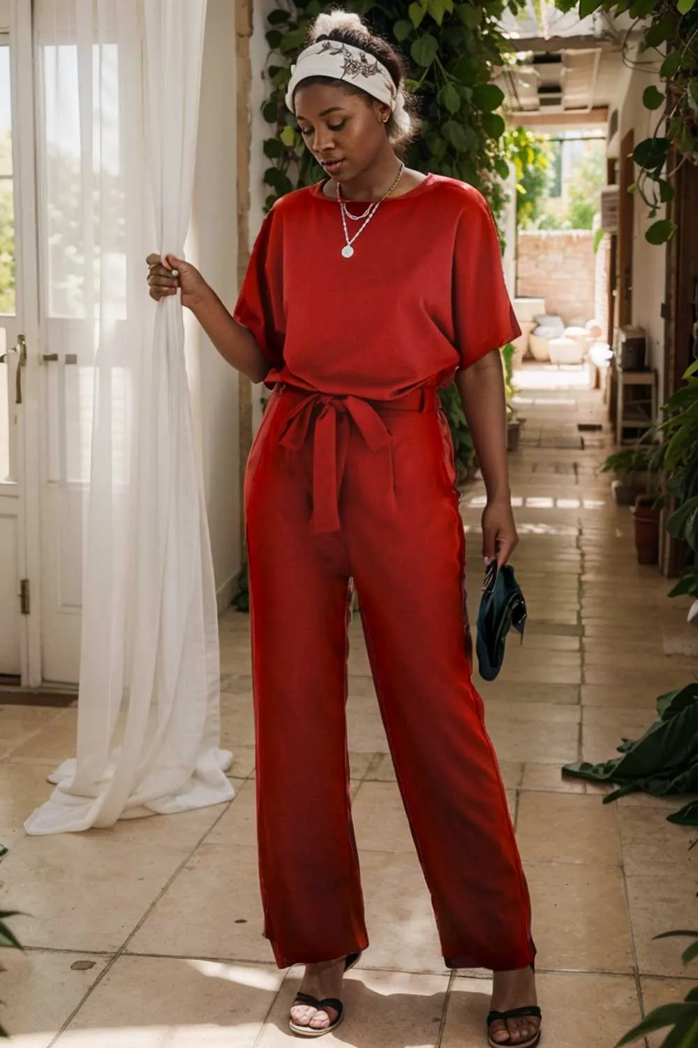 burning red belted wide leg jumpsuit
