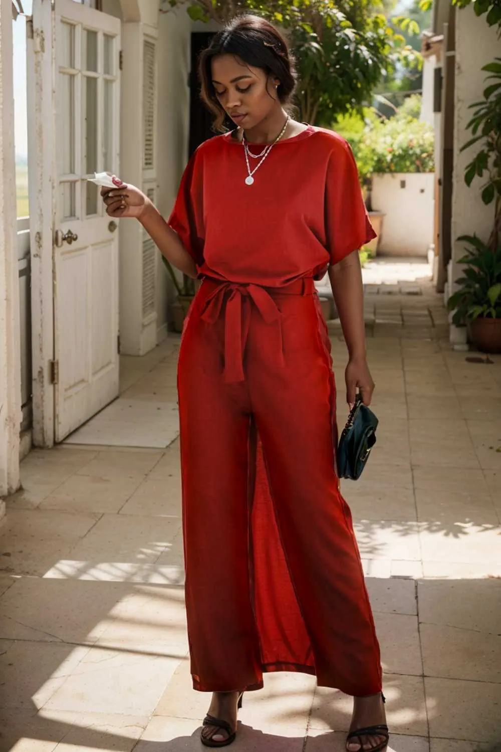 burning red belted wide leg jumpsuit