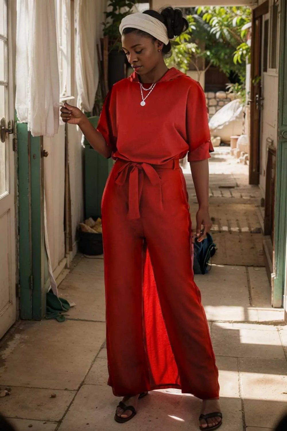 burning red belted wide leg jumpsuit