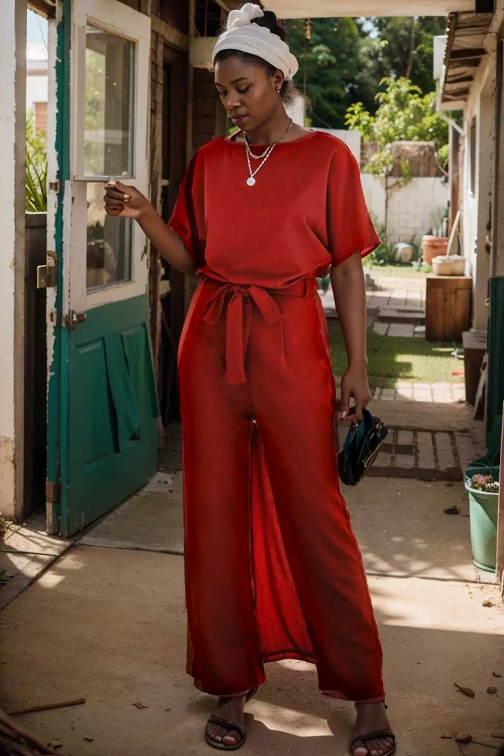burning red belted wide leg jumpsuit
