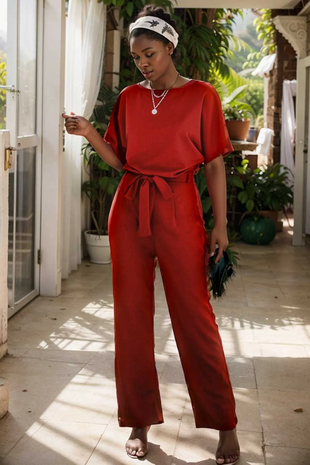 burning red belted wide leg jumpsuit