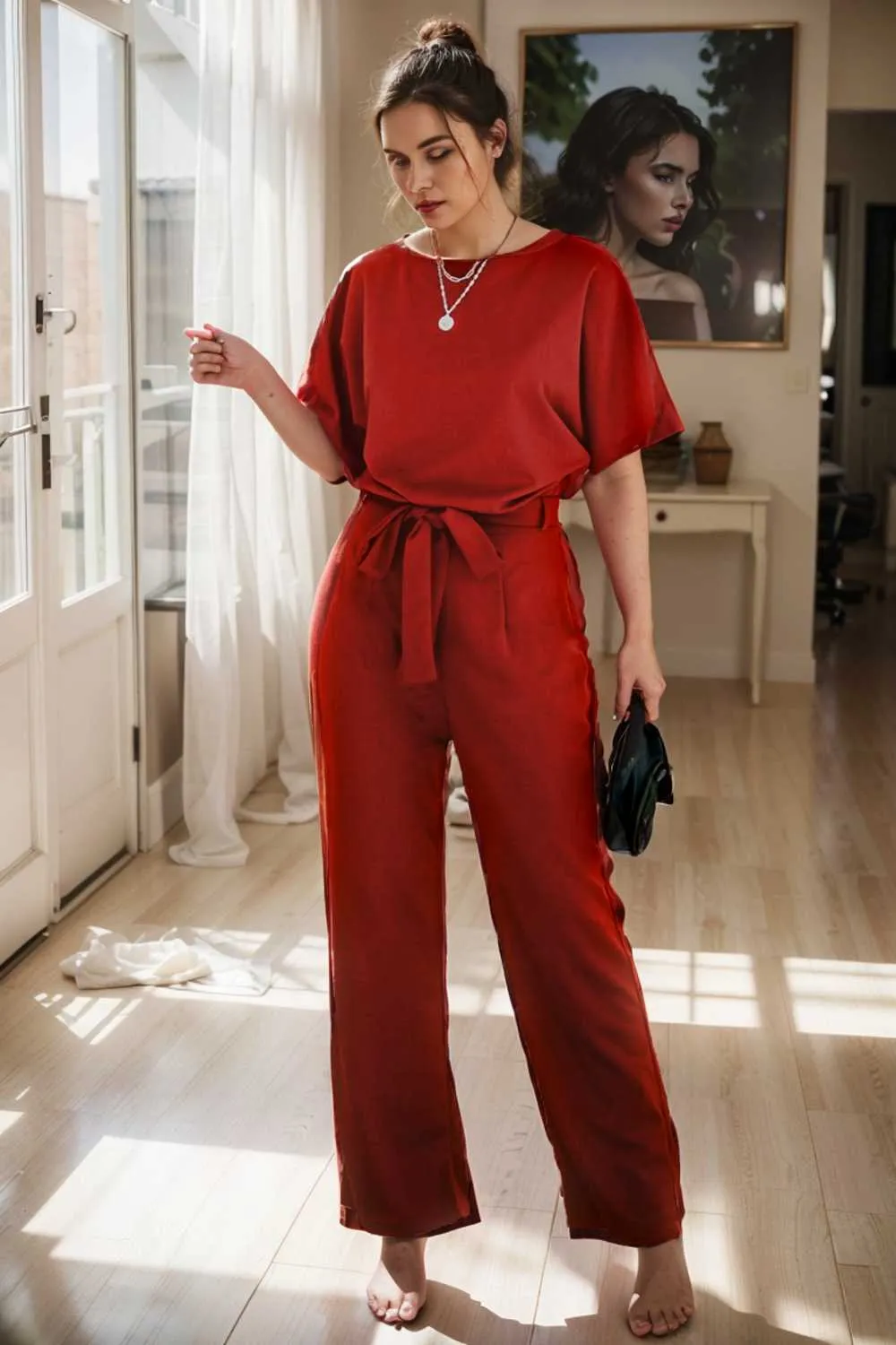 burning red belted wide leg jumpsuit