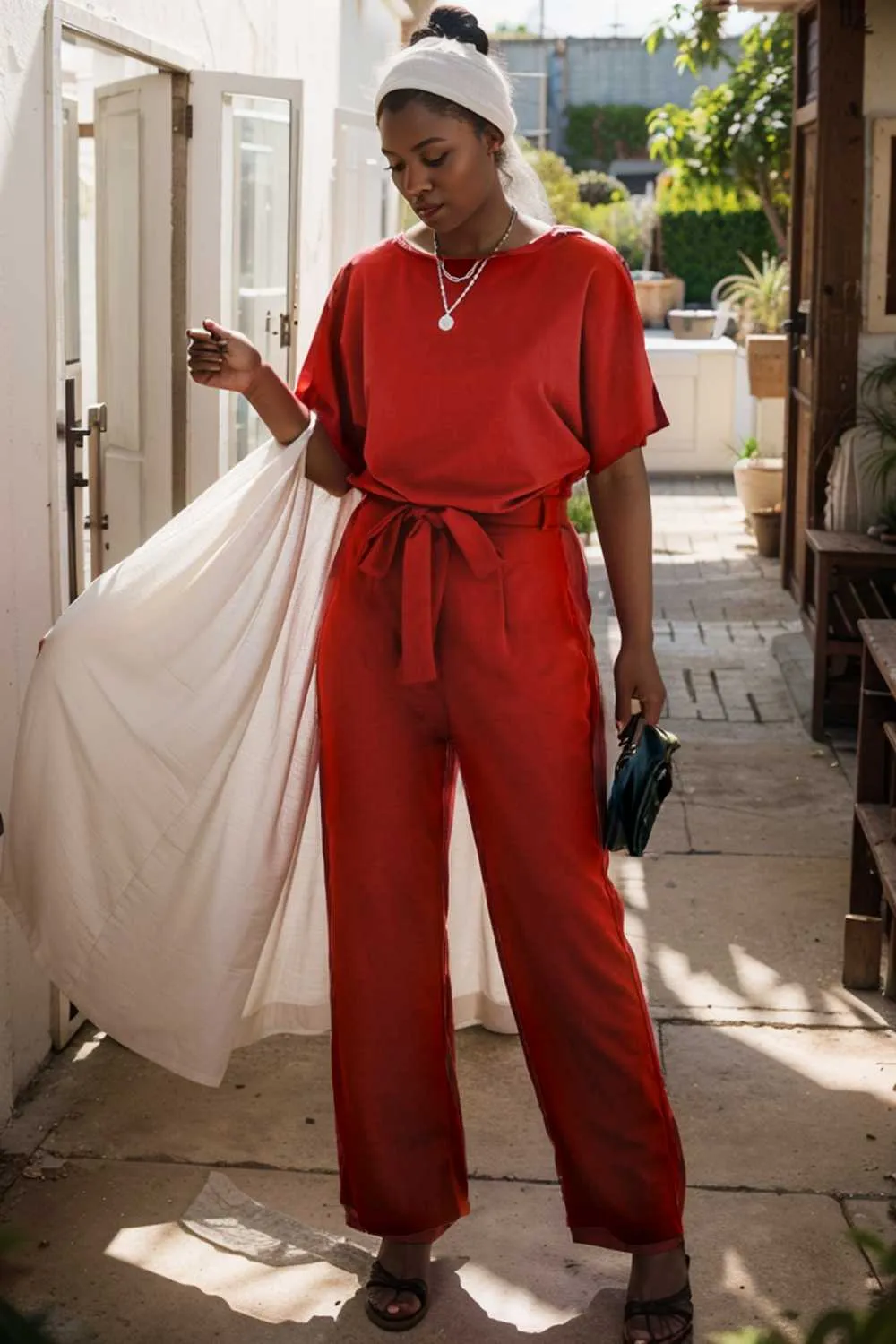 burning red belted wide leg jumpsuit
