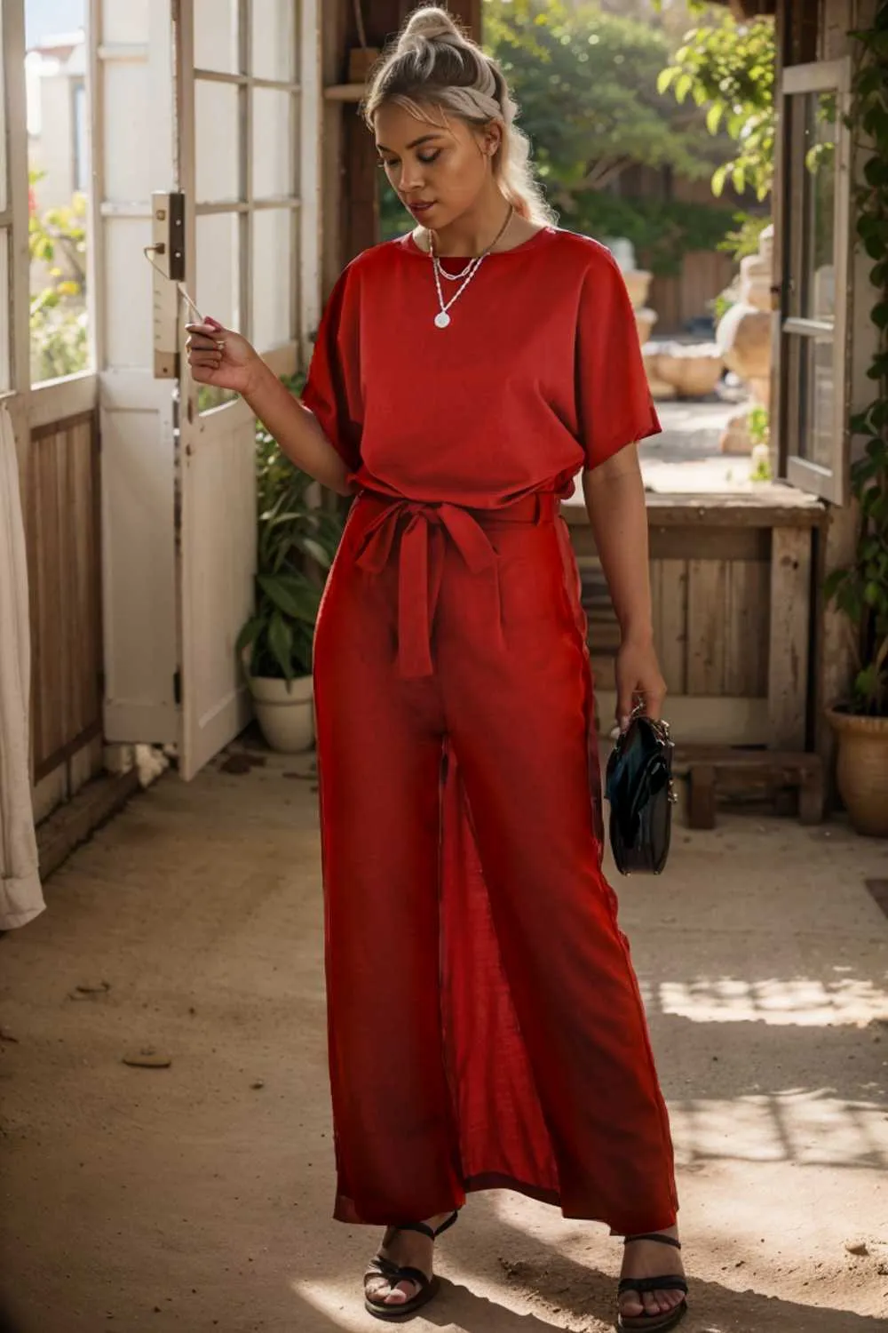 burning red belted wide leg jumpsuit
