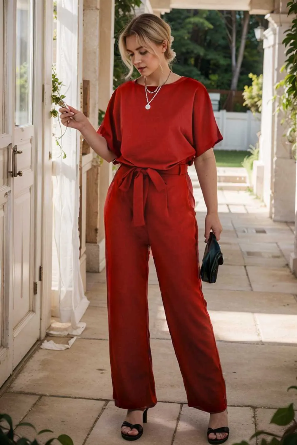 burning red belted wide leg jumpsuit