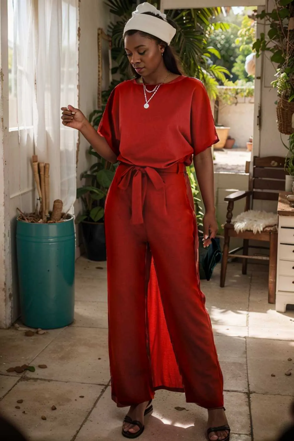 burning red belted wide leg jumpsuit