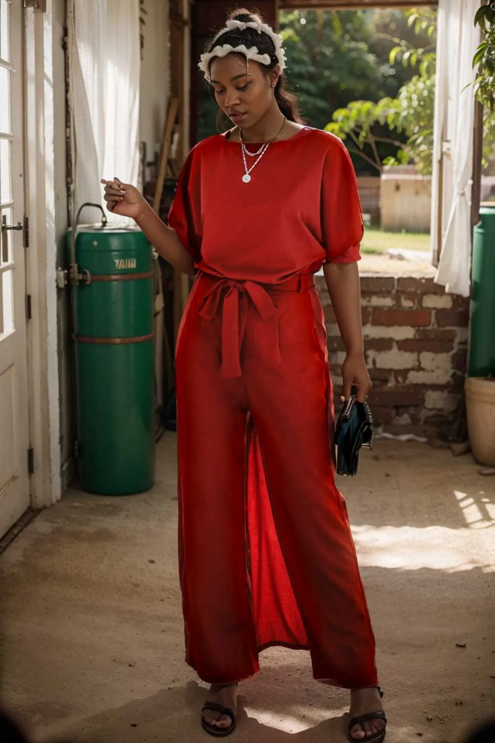 burning red belted wide leg jumpsuit