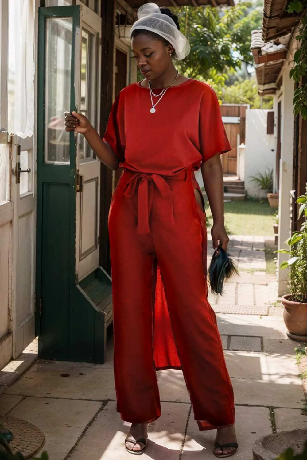 burning red belted wide leg jumpsuit