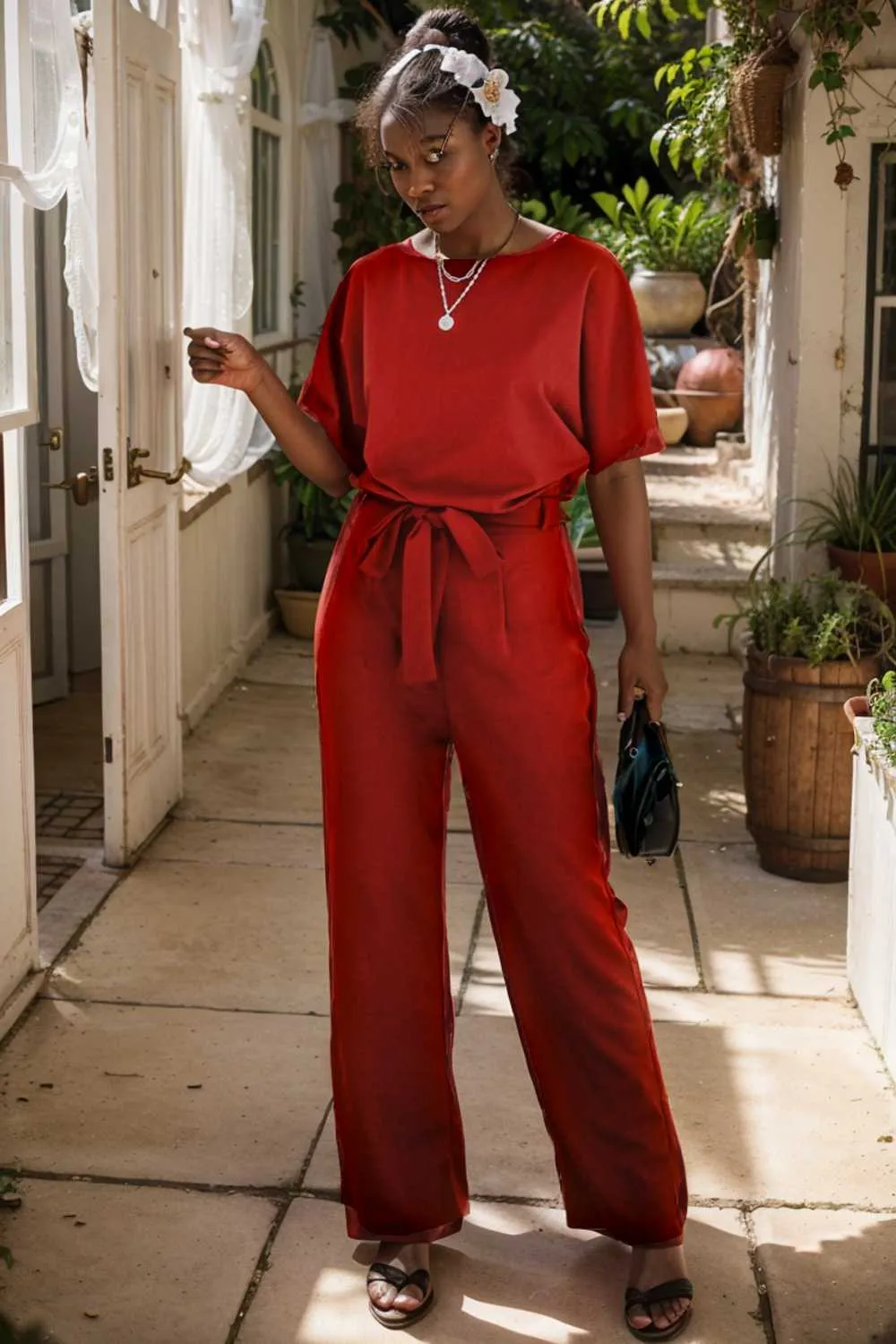 burning red belted wide leg jumpsuit