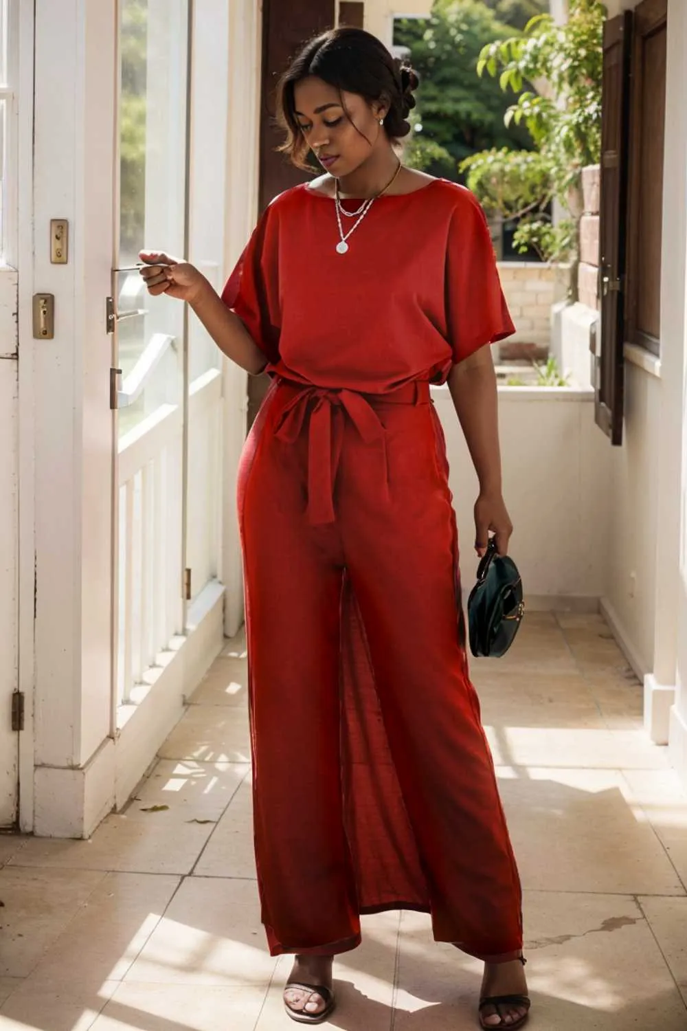 burning red belted wide leg jumpsuit