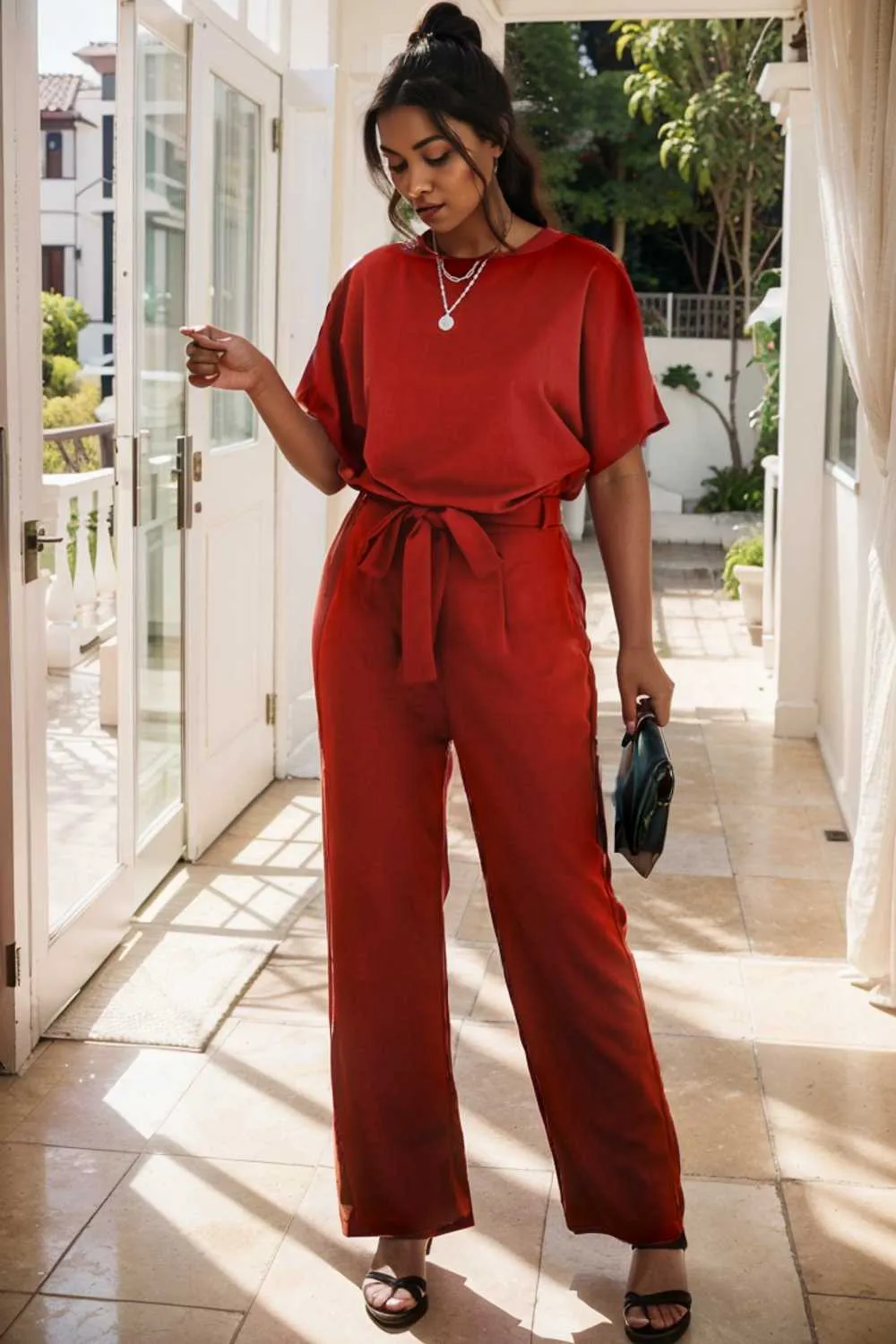 burning red belted wide leg jumpsuit