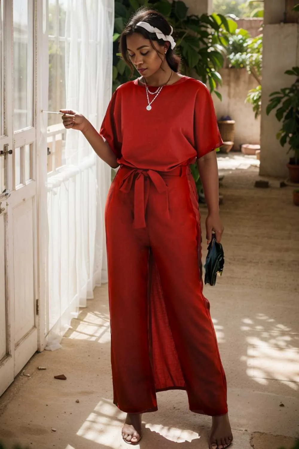 burning red belted wide leg jumpsuit