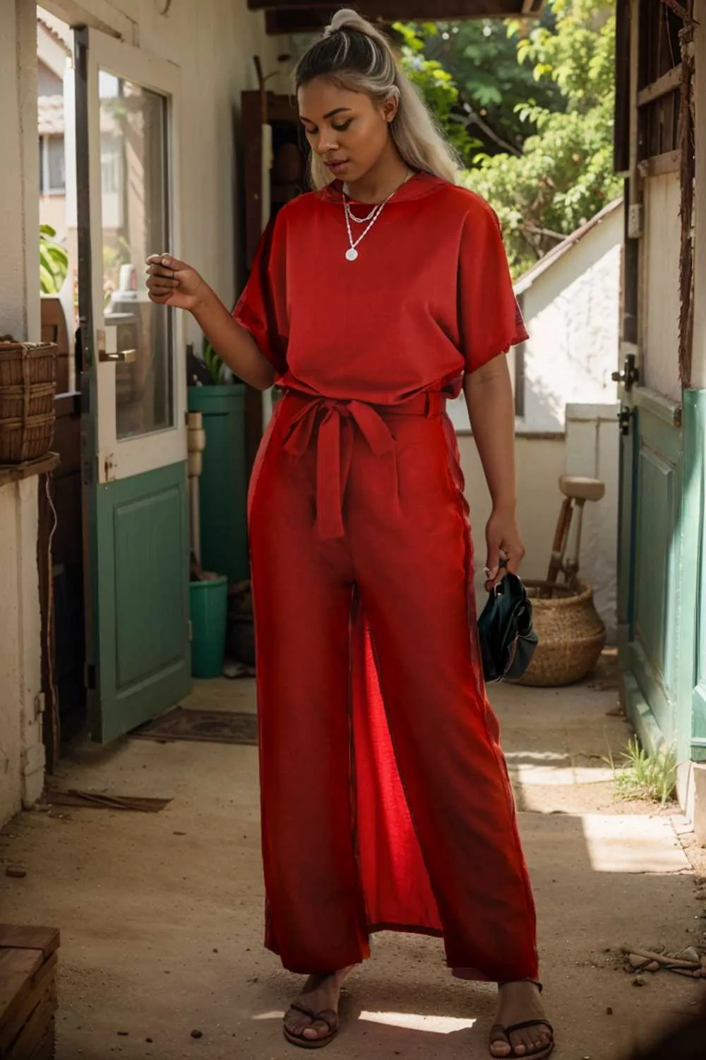 burning red belted wide leg jumpsuit