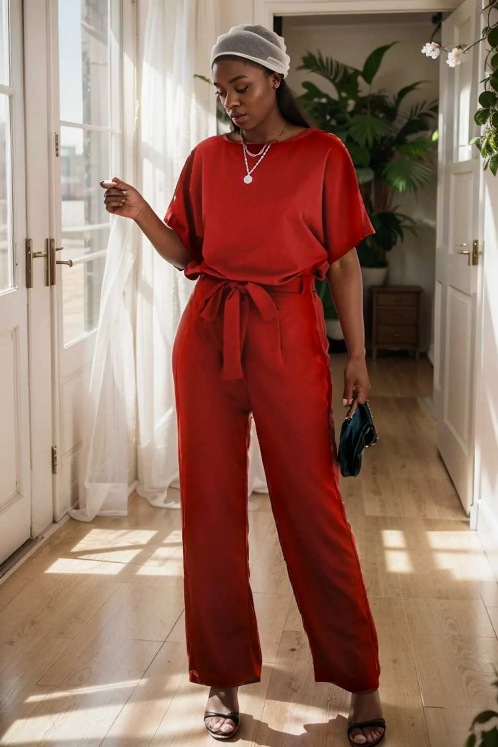 burning red belted wide leg jumpsuit