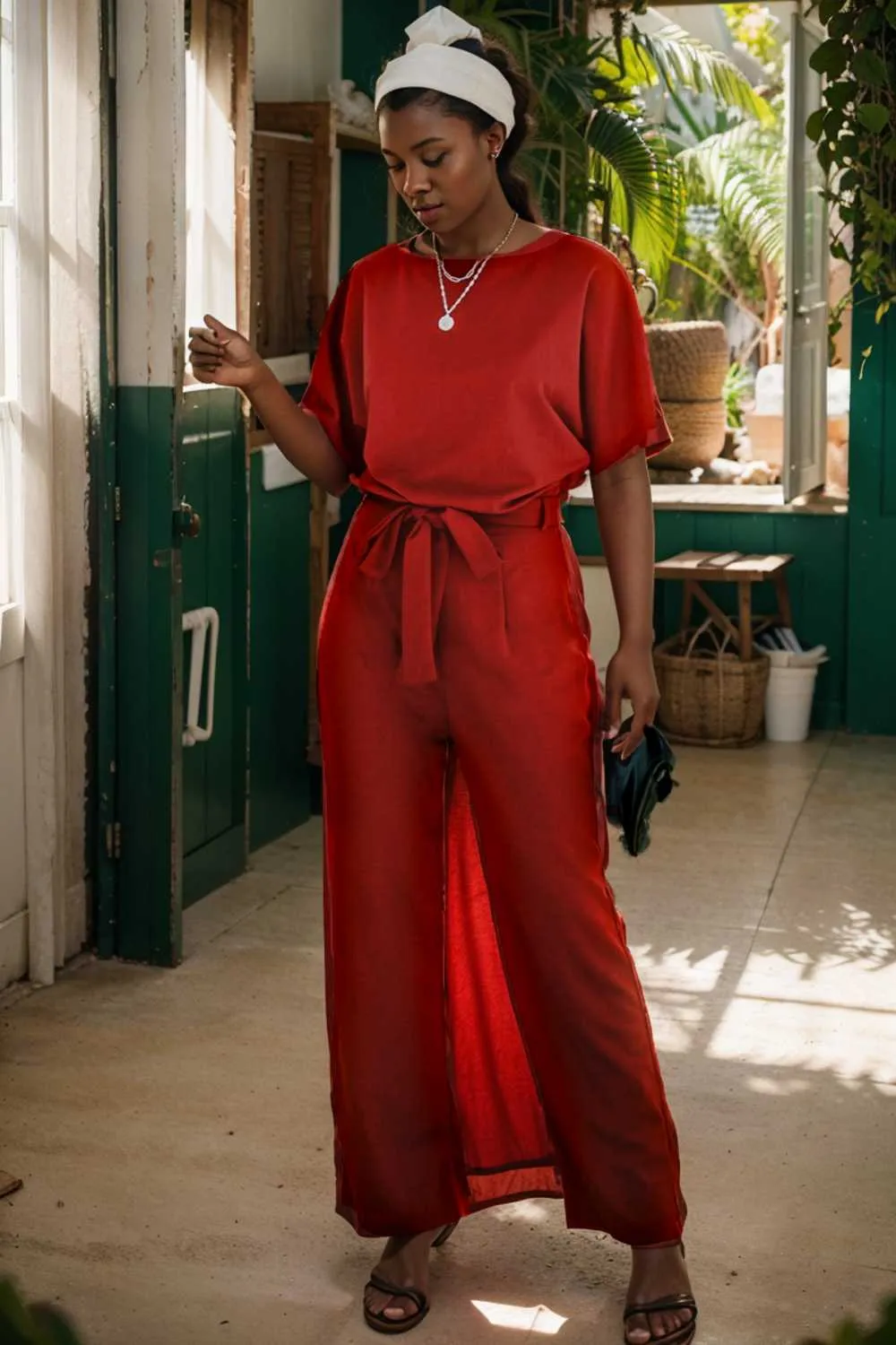 burning red belted wide leg jumpsuit