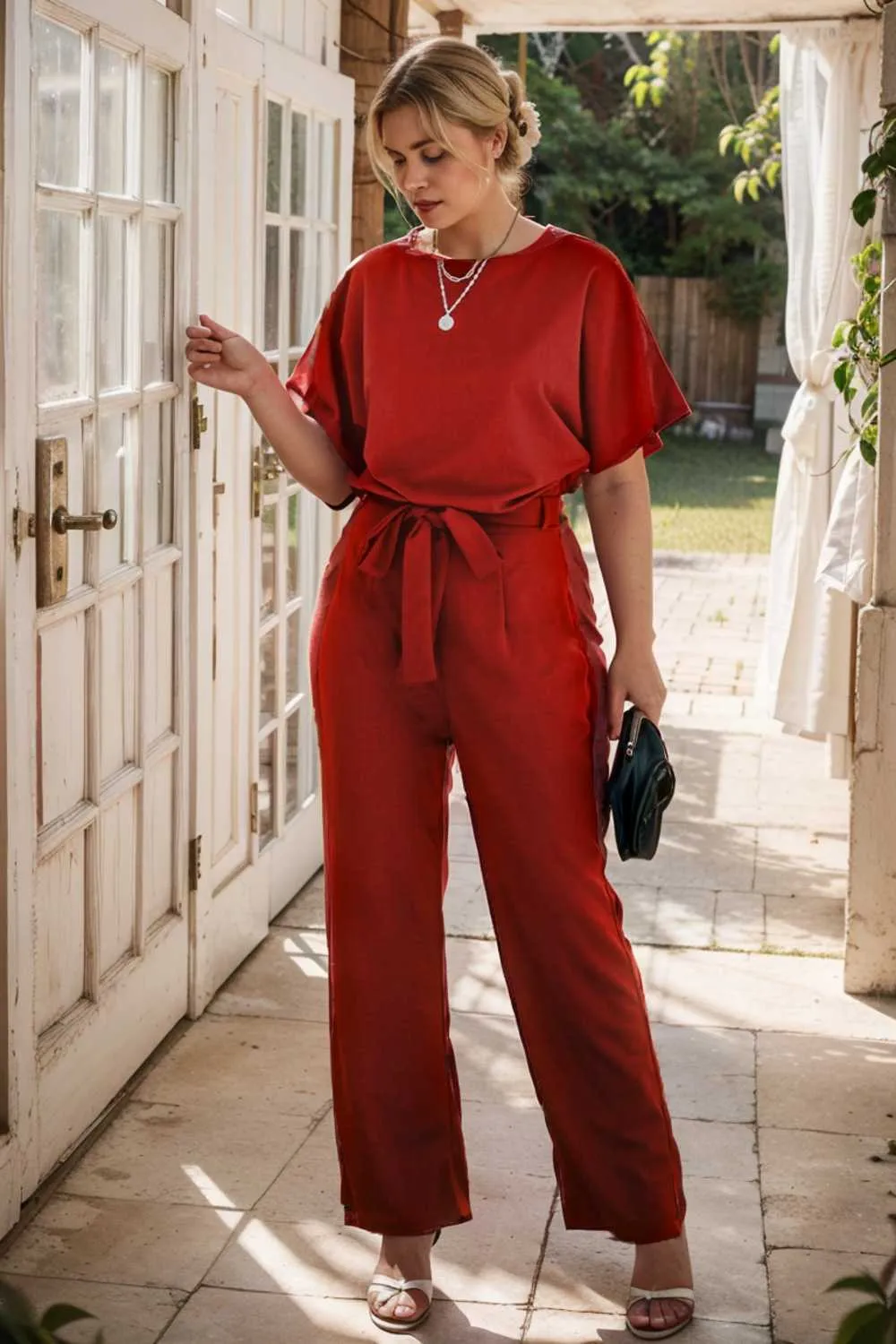burning red belted wide leg jumpsuit