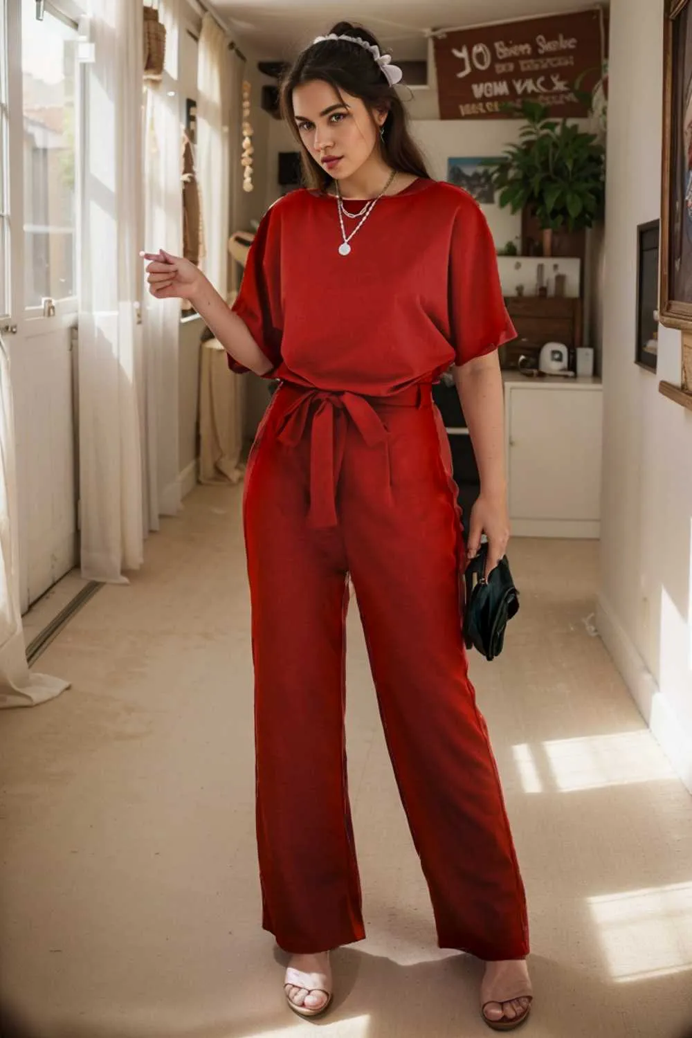 burning red belted wide leg jumpsuit