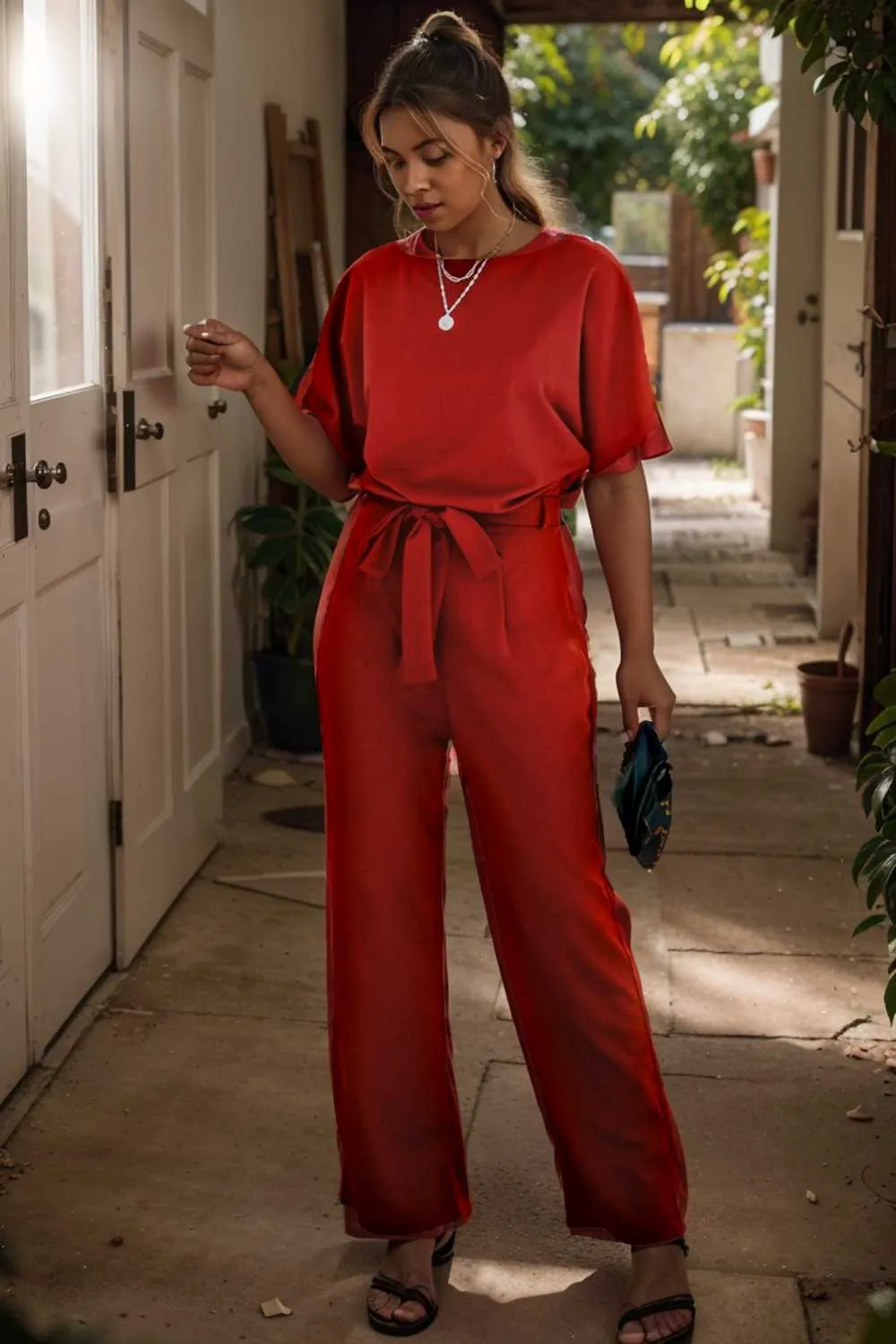 burning red belted wide leg jumpsuit