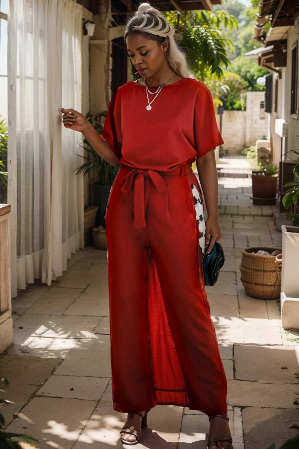 burning red belted wide leg jumpsuit