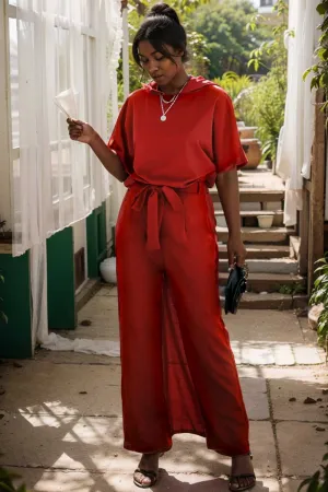 burning red belted wide leg jumpsuit