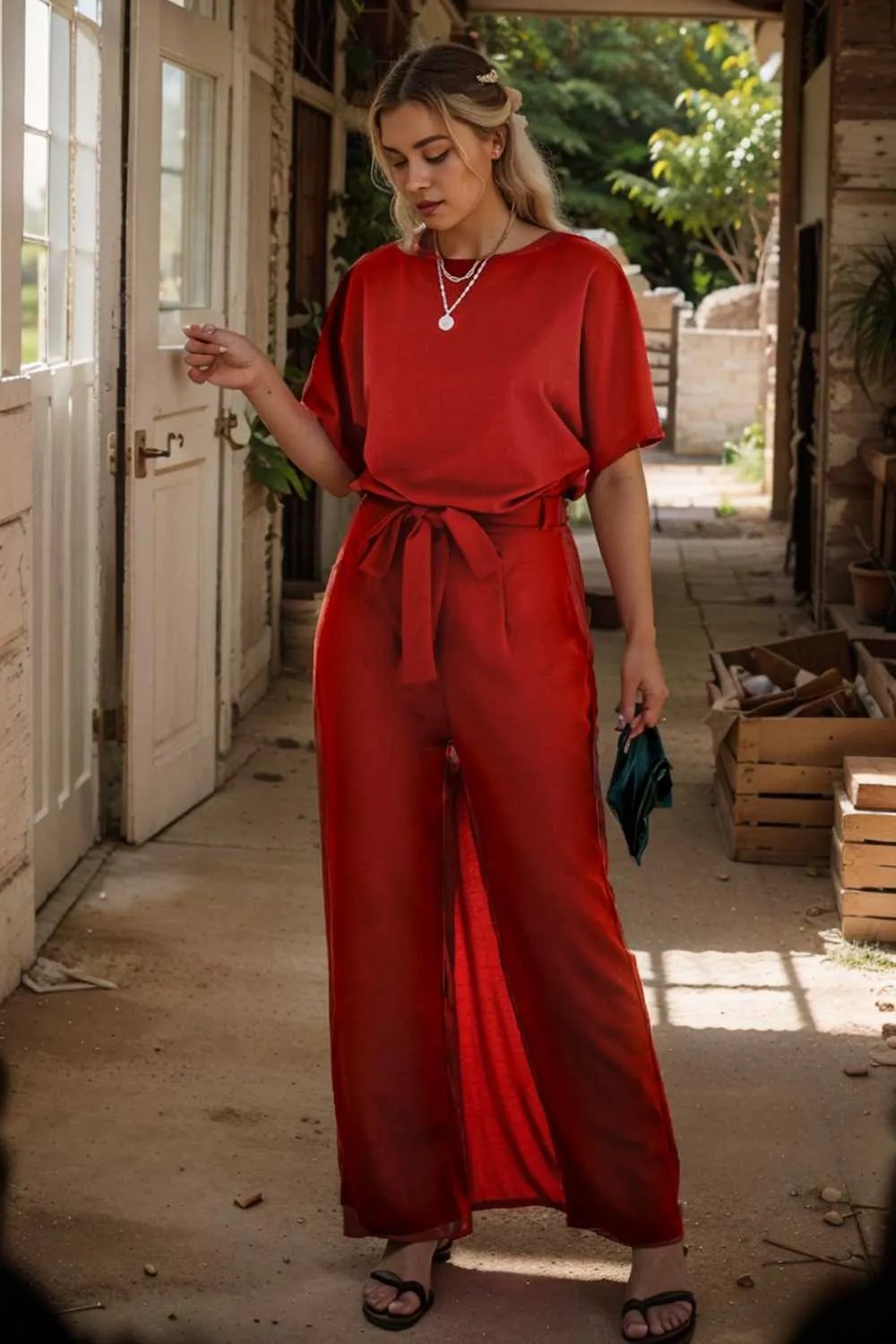 burning red belted wide leg jumpsuit
