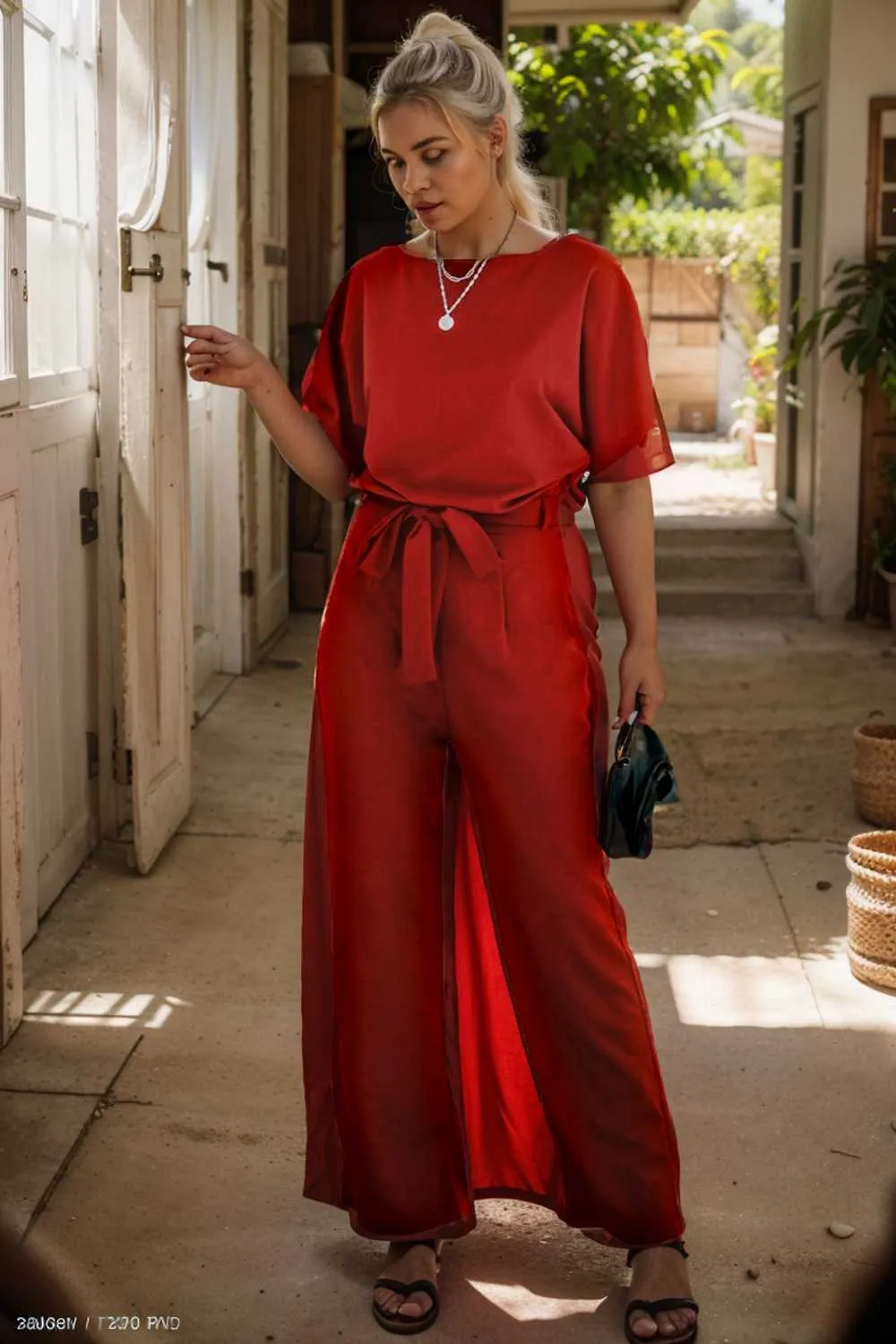 burning red belted wide leg jumpsuit