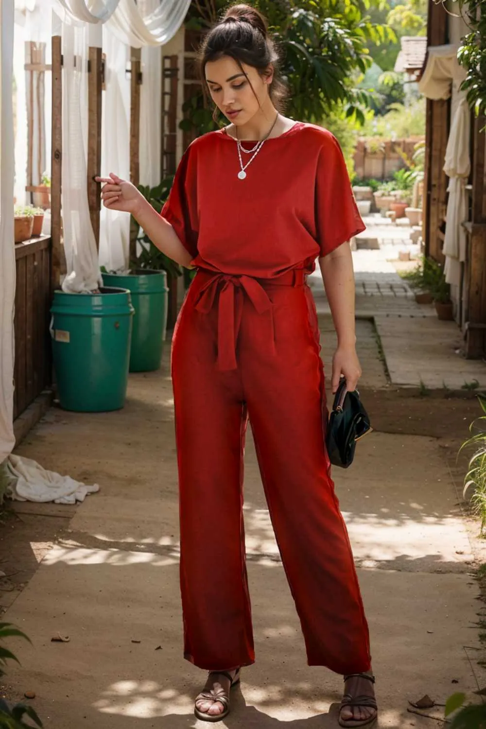 burning red belted wide leg jumpsuit