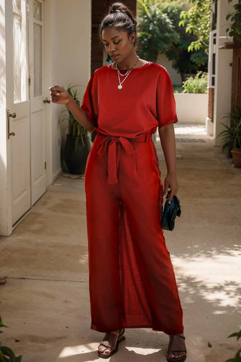 burning red belted wide leg jumpsuit