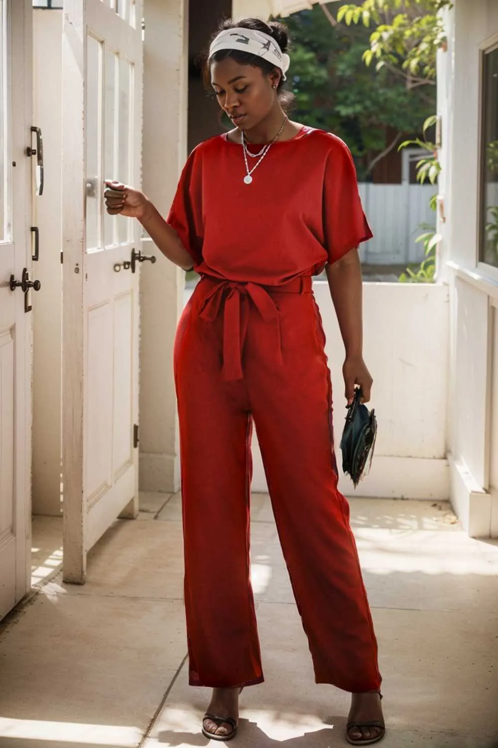 burning red belted wide leg jumpsuit