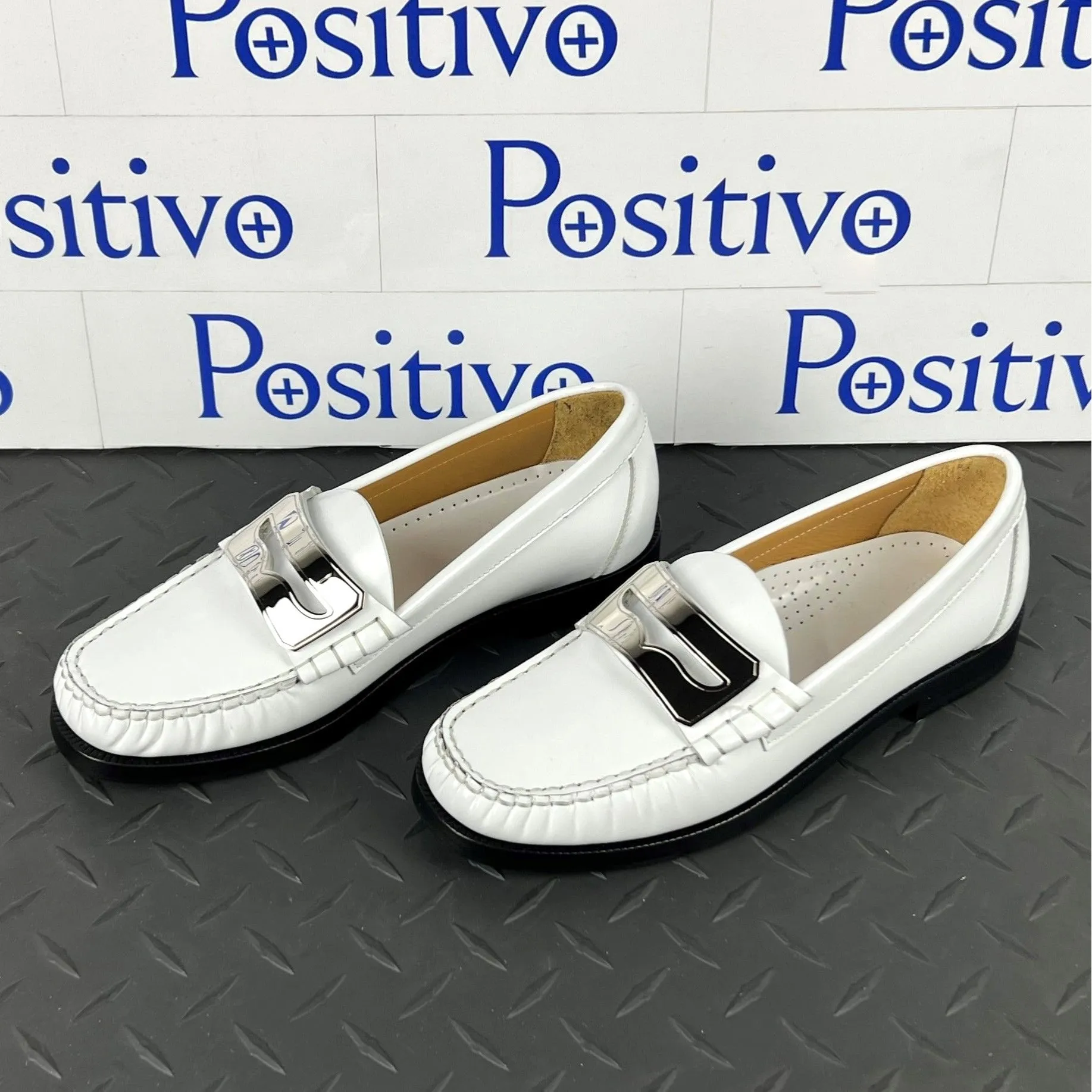 Buscemi Women's Town Loafer Off White/Silver Leather Loafers SAMPLE