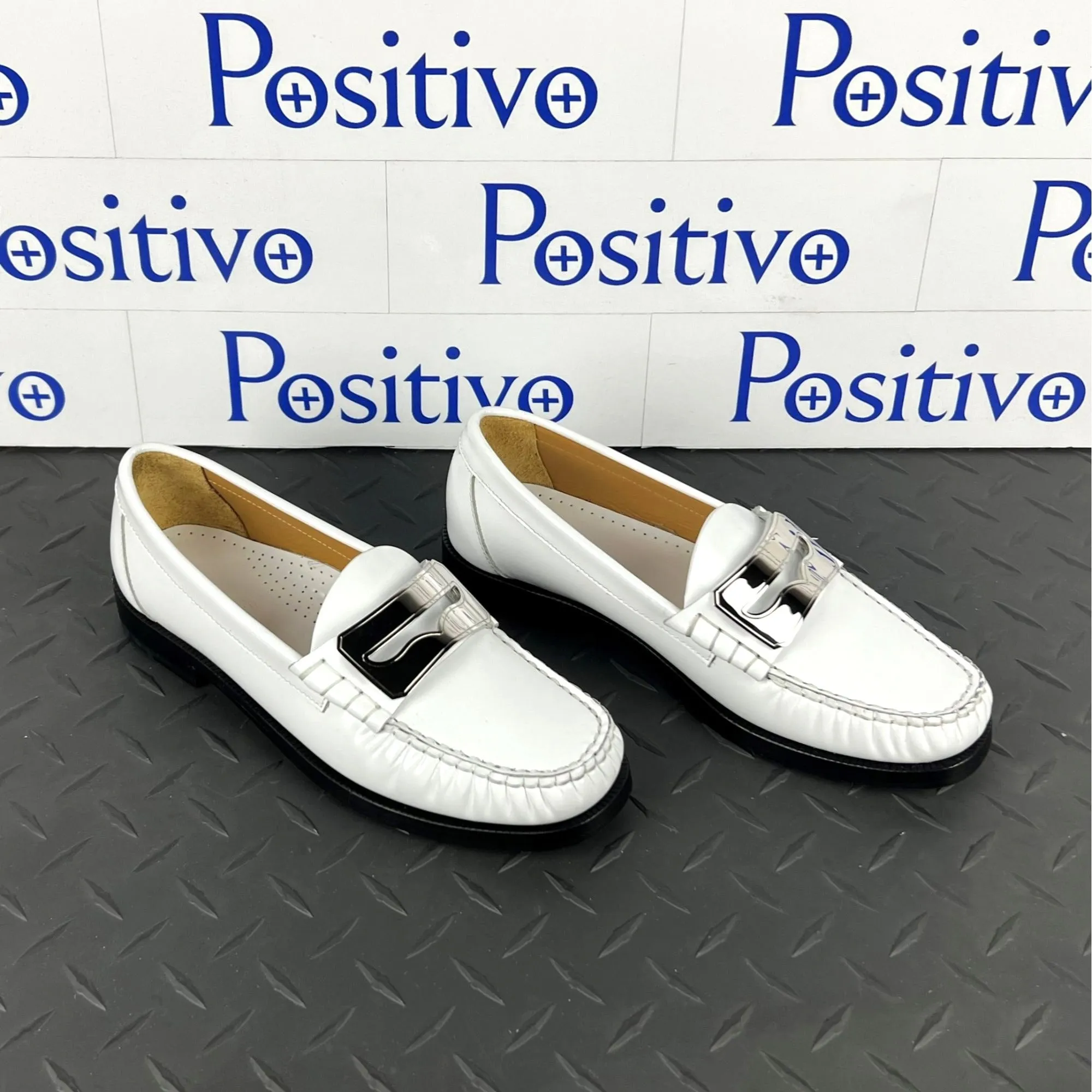 Buscemi Women's Town Loafer Off White/Silver Leather Loafers SAMPLE