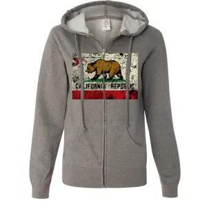 California State Flag Distressed Ladies Fitted Zip-Up Hoodie