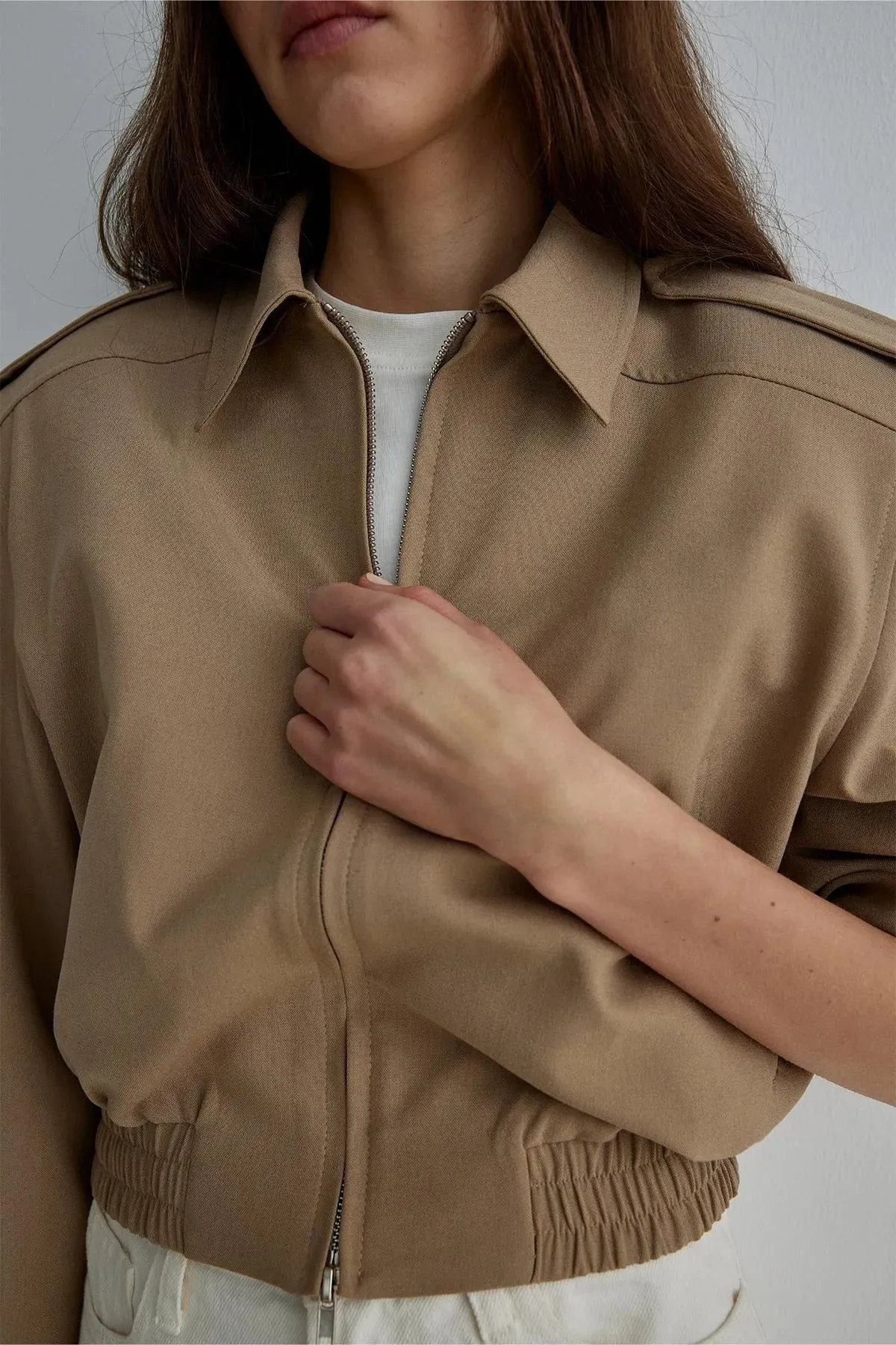 Camel Cooper Crop Bomber Jacket