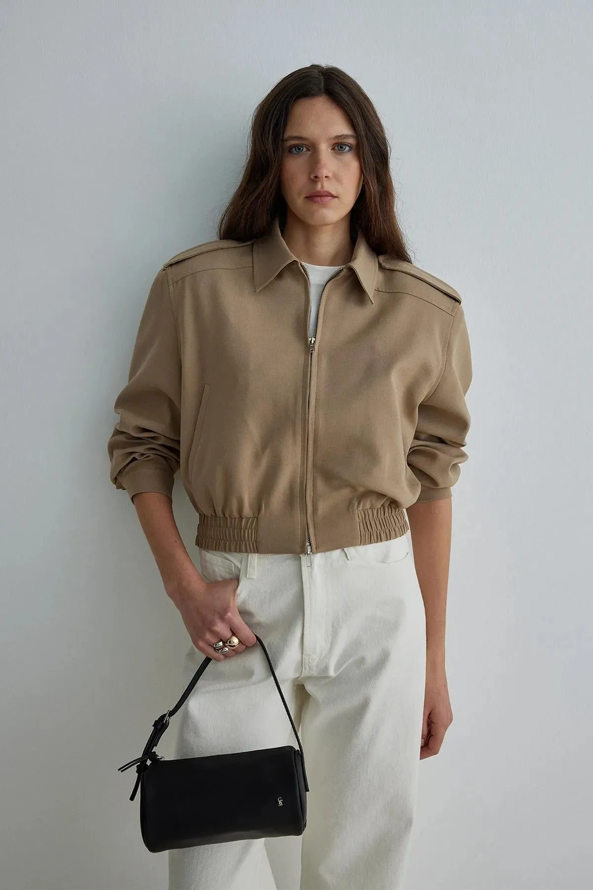 Camel Cooper Crop Bomber Jacket