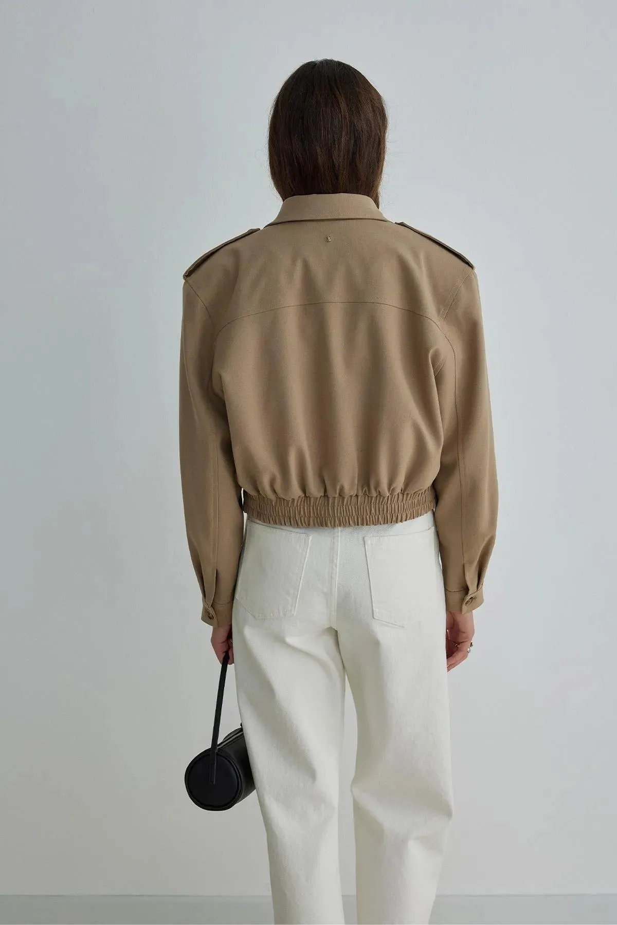 Camel Cooper Crop Bomber Jacket