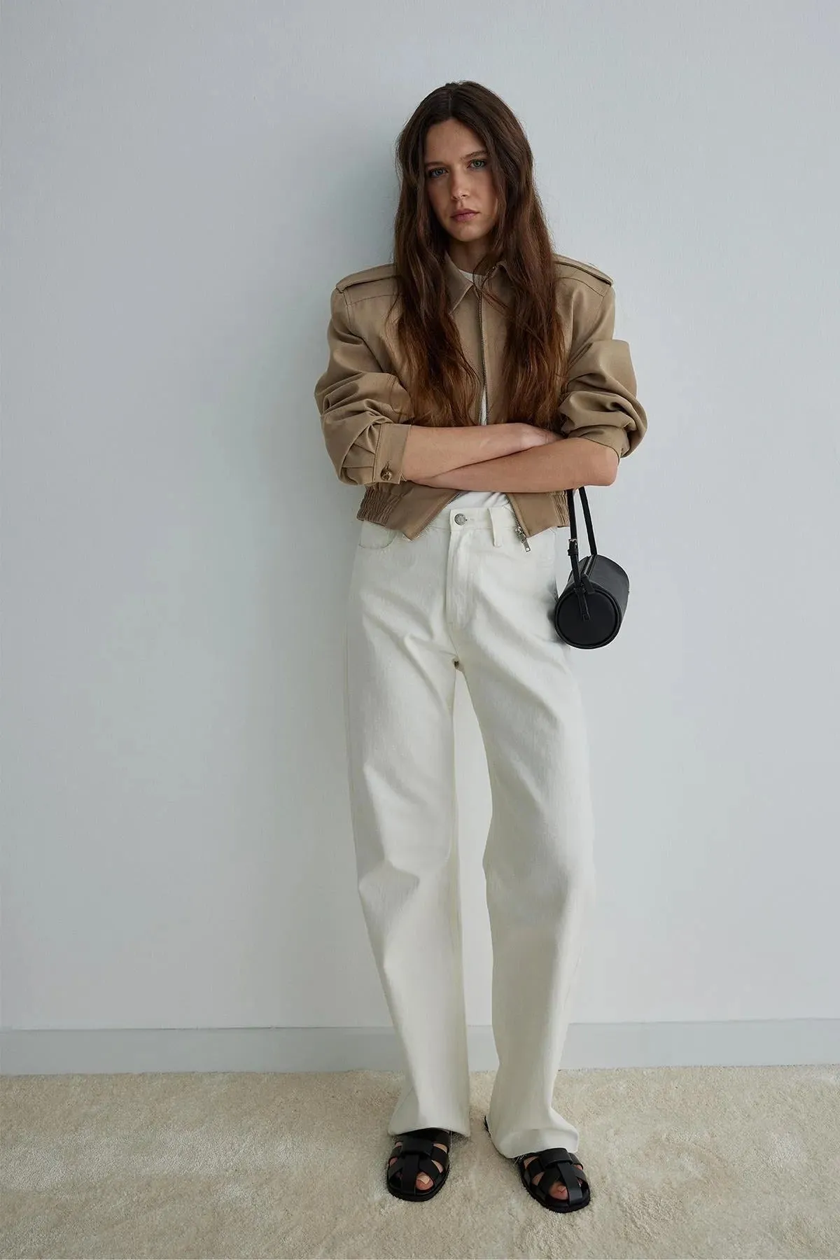 Camel Cooper Crop Bomber Jacket