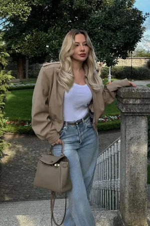 Camel Cooper Crop Bomber Jacket