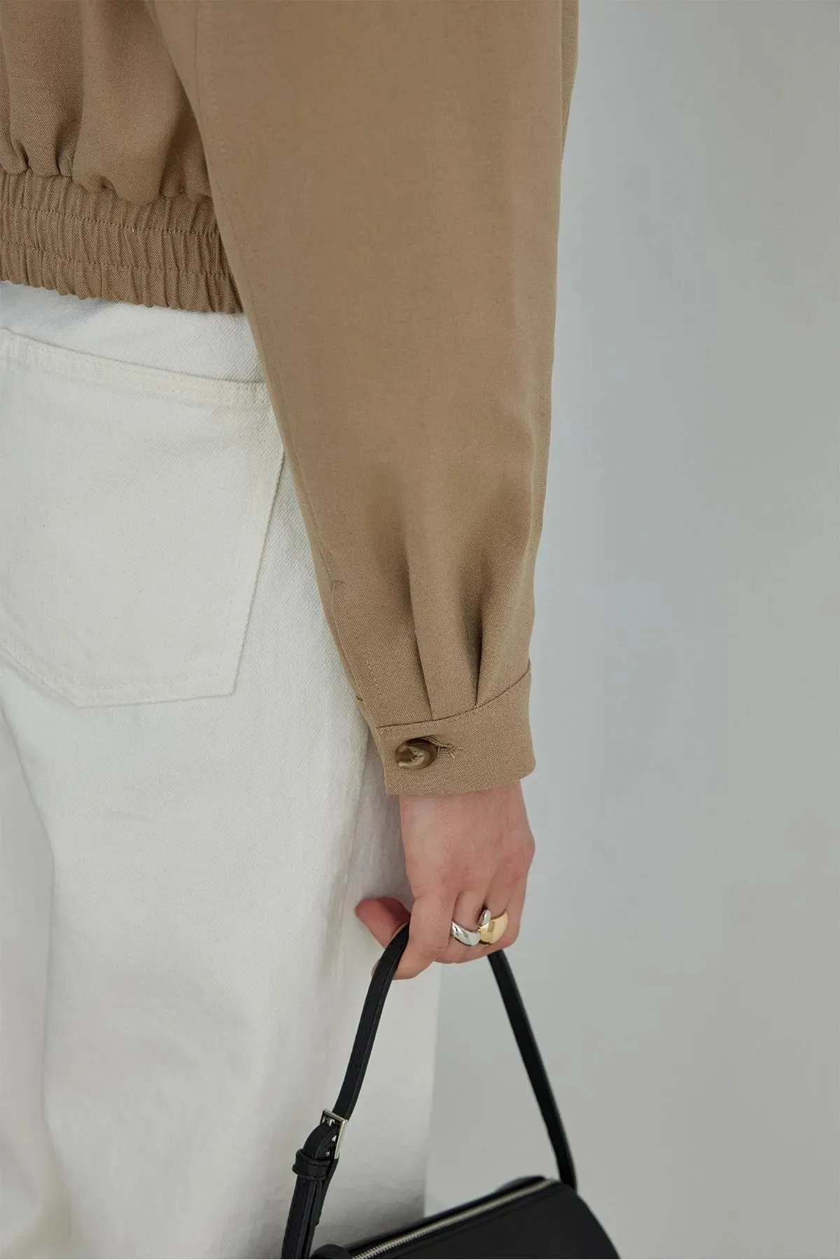 Camel Cooper Crop Bomber Jacket