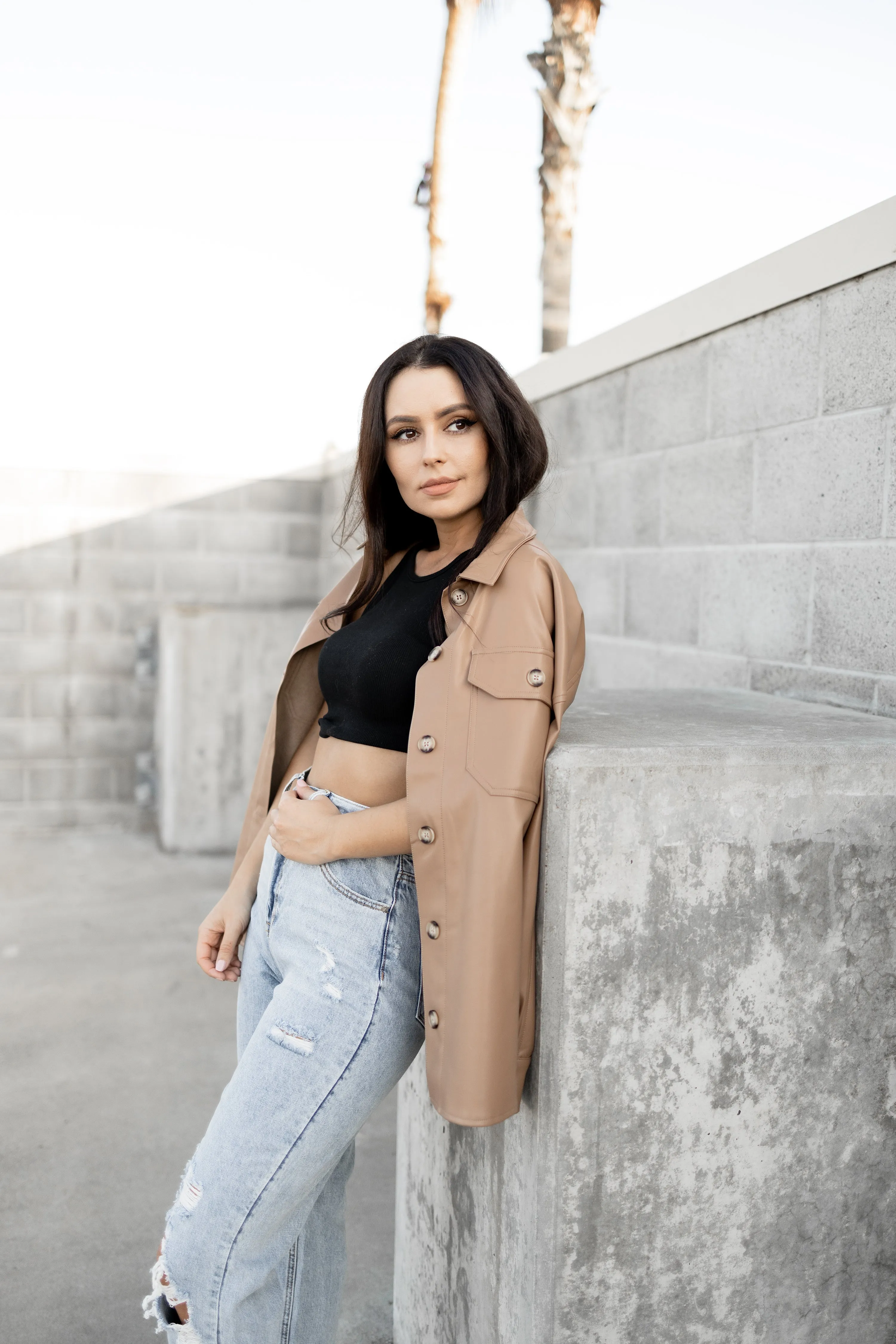 Caramel faux leather shirt jacket