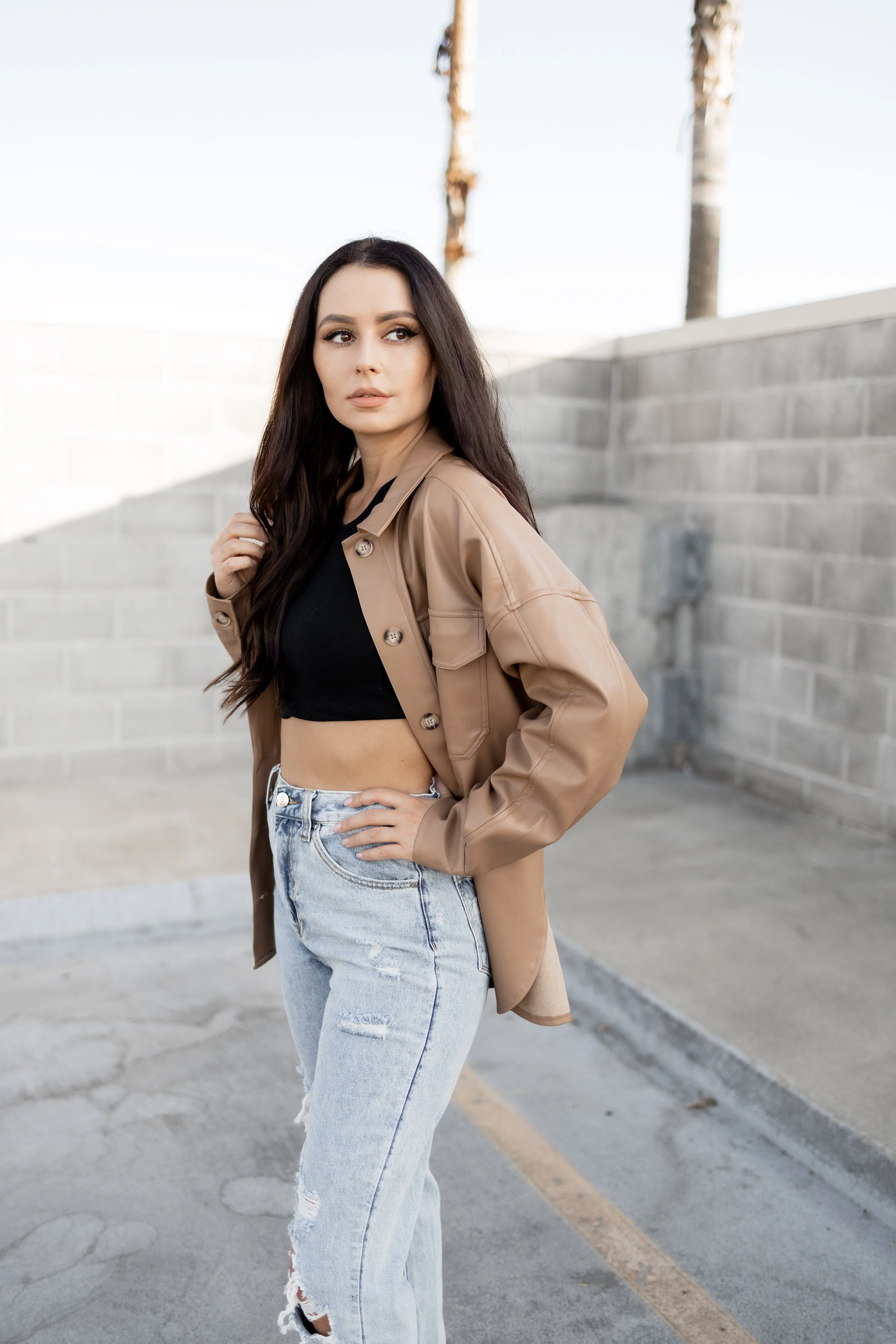 Caramel faux leather shirt jacket