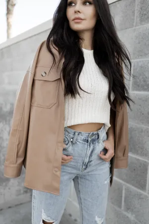 Caramel faux leather shirt jacket